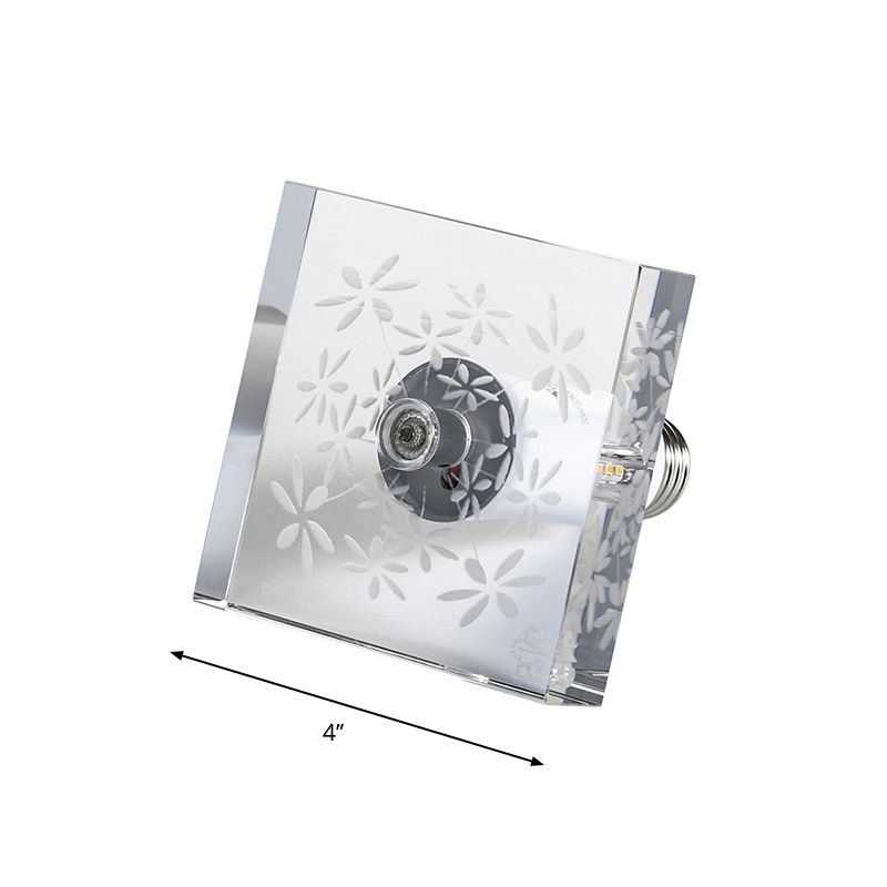 Clear Crystal Square Mini Flush Light Modernism LED Ceiling Mounted Fixture with Carved Flower Pattern