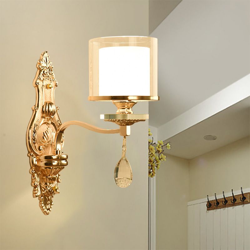 Gold Finish Cylinder Sconce Light Vintage 1/2-Bulb Metal Wall Light Fixture with Double Glass Shade and Crystal Deco