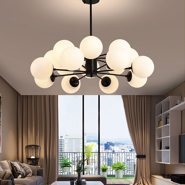 Black Nordic Style Full Brass Lighting Fixture White Glass Ball Shade Molecular Large Chandelier