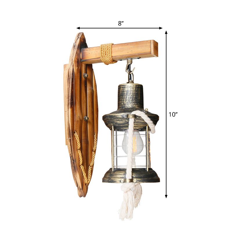 Single Bulb Wall Light Sconce Rural Style Lantern Clear Glass Wall Mounted Lamp in Antique Bronze