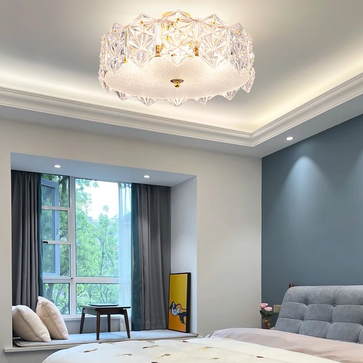 Trommel slaapkamer semi-flush lamp traditionele multi-head gouden plafondverlichting met glazen schaduw