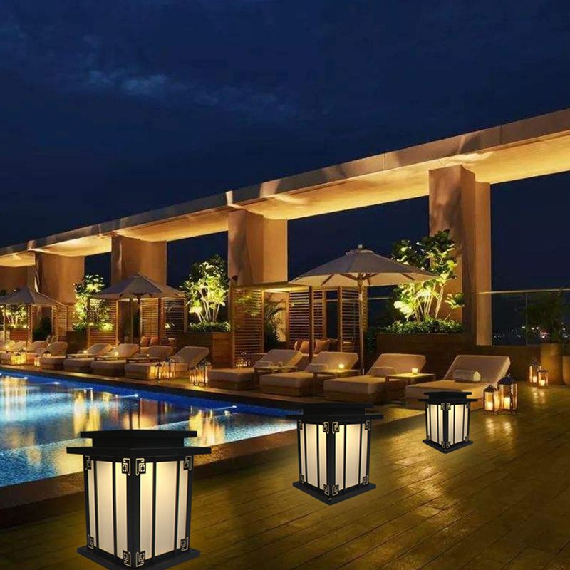 Metal Rectangular Shape Outdoor Lights Modern Style 1-Light Solar Pillar Lamp in Black