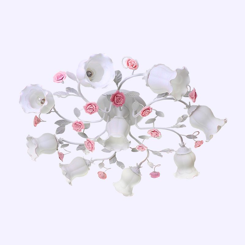 Zugesperrte Creme Glas Rüschen Deckenleichte Landschaft 9 Lichter Schlafzimmer Halbflush -Lampe in Rosa/Grün