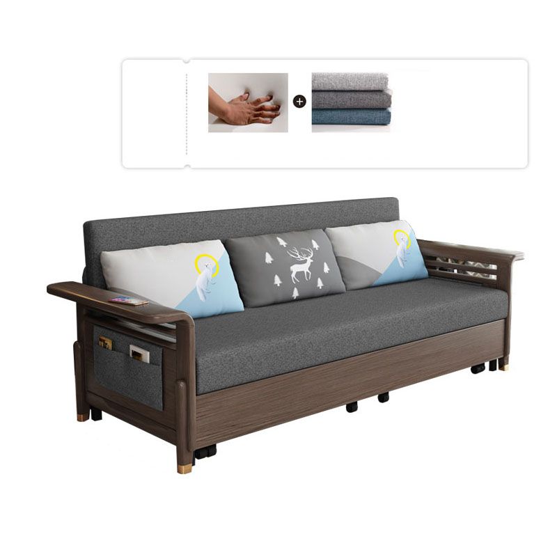 Fabric Sofa Bed with 3 Pillows Solid Wood Sofa in Walnut Finish