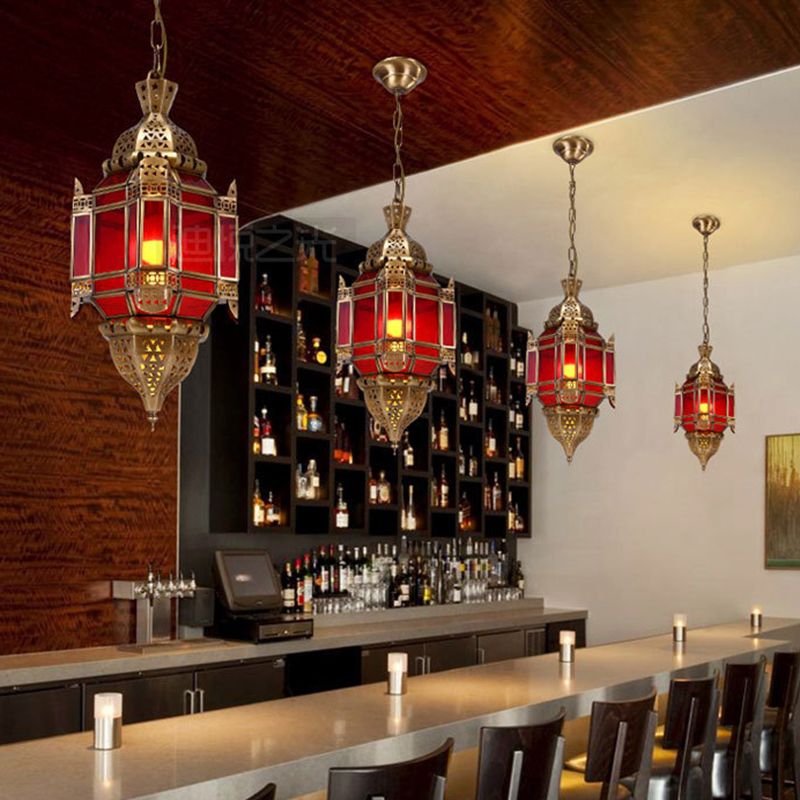 Lantern Restaurant Pendant Lighting Traditional Red Glass 3 Lights Brass Chandelier Light Fixture