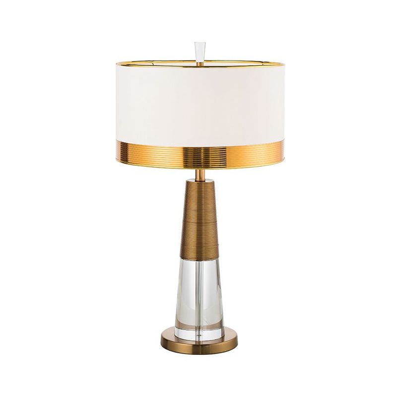 1 Kopftischlampe zeitgenössischer Drum Fabric Shade Nachttisch Licht in Weiß mit klarer Kristallbasis