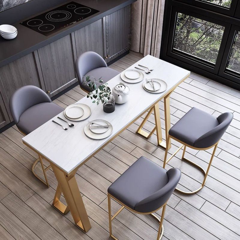 Glam Gold Double Pedestal Bar Dining Table Rectangle Stone Top Bar Height Table