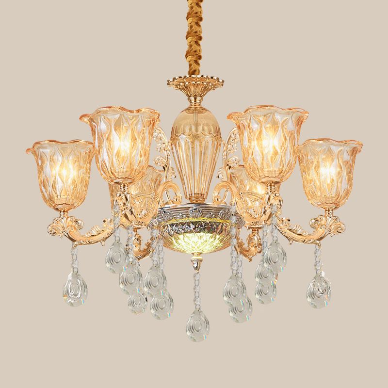 6 ampoules Bercel Up Chandelier Traditional Gold Clead Getwer Glass Hanging Lightture sur la table