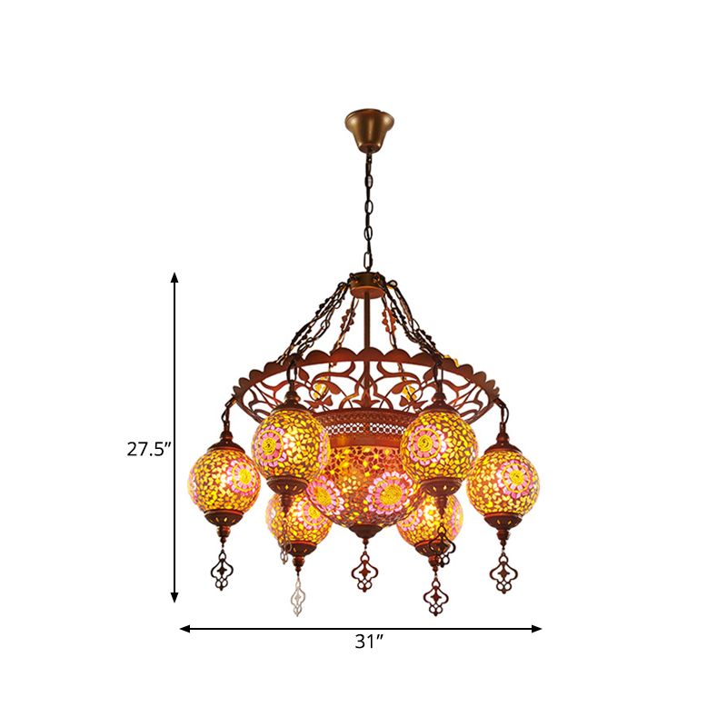 Brass Lantern Chandelier Lamp Traditional Stained Glass 9 Heads Restaurant Suspension Pendant Light