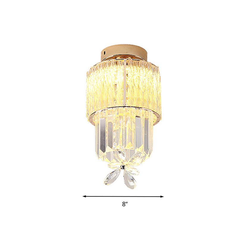 LED Hallway Ceiling Mounted Light Modern Gold Semi Flush Light Fixture with Cylinder K9 Crystal Shade