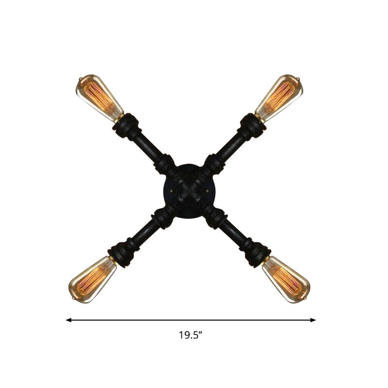 4 Lampen x -förmige Wandbeleuchtung mit Wasserrohr industriell schwarzes Finish Schmiedeeisenleuchte