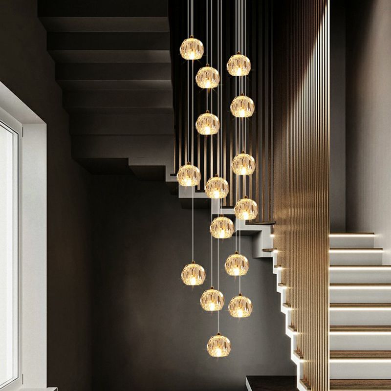 Faceted Cut Crystal Ball Ceiling Lamp Minimalist Golden Cluster Pendant Light for Stairs