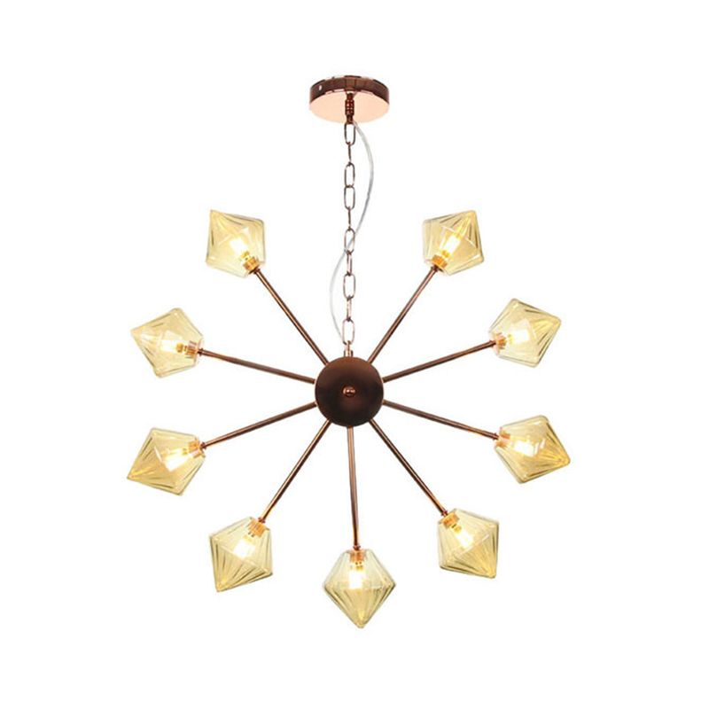 Diamond Shade Hanging Lighting Industrial Amber/Clear Glass 6/9/12 Heads Living Room Chandelier Lamp in Black/Brass/Copper