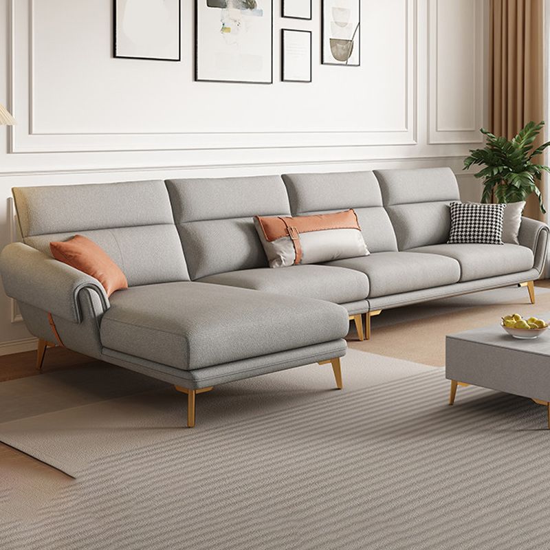 Mid Century Sofa and Chaise in Gray Flared Arm Sewn Pillow Back Sofa