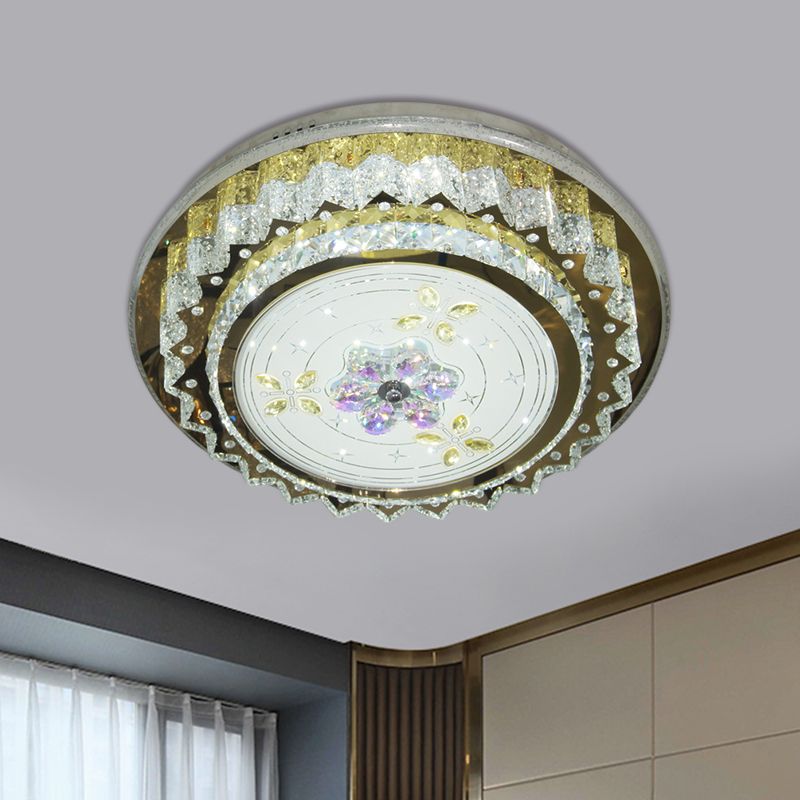 Crystal Blocks Round Flush Mount Contemporary LED Bedroom Ceiling Fixture in Stainless-Steel