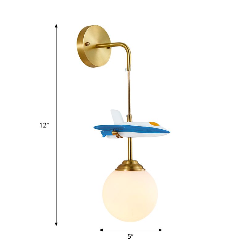 White Glass Globe Wall Lighting Cartoon 1-Light Wall Light Fixture with Plane Decor in Brass