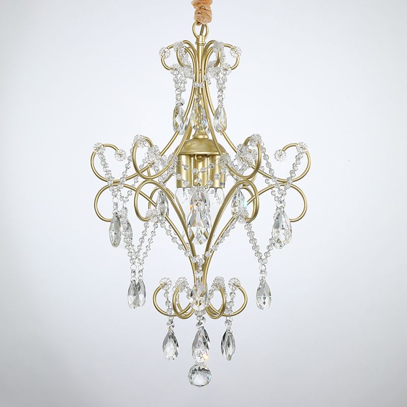 3 Lights Beaded Chandelier Lighting Country Gold Finish Crystal Pendant Light Kit with Scrollwork Design