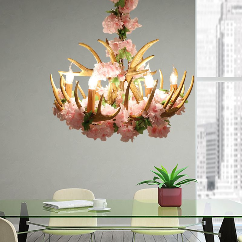 Candle Living Room Hanging Lamp Rustic Resin 4/6/12 Bulbs Pink/Green Chandelier Pendant Light