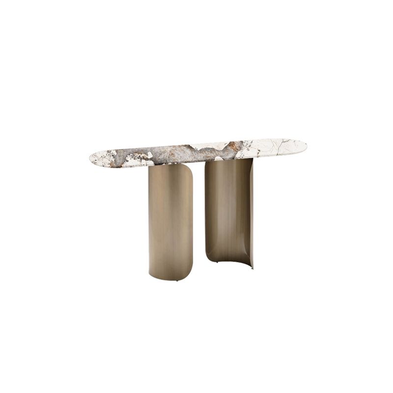 Contemporary Sintered Stone Side End Table with Metal Abstract Base