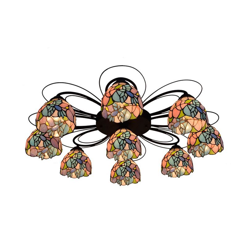 Bowl Stained Glass Ceiling Fixture Tiffany 3/7/9 Heads Red/Orange/Green Semi Flush Mount Light Fixture
