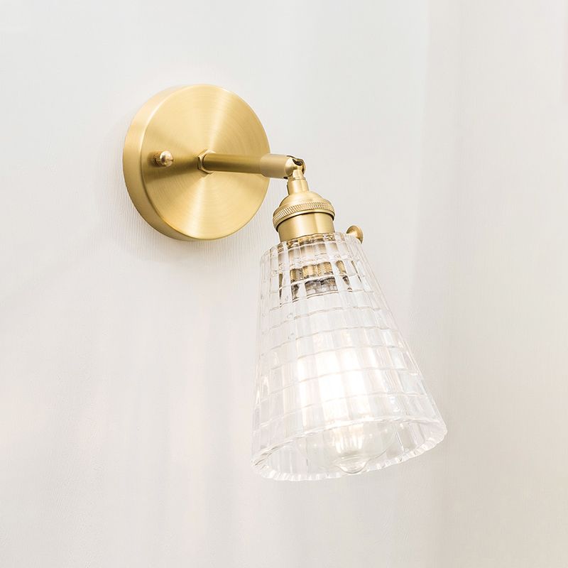 Conical Rotating Wall Light Kit Postmodern Clear Ribbed/Grid Glass 1 Light Gold Wall Mounted Lamp