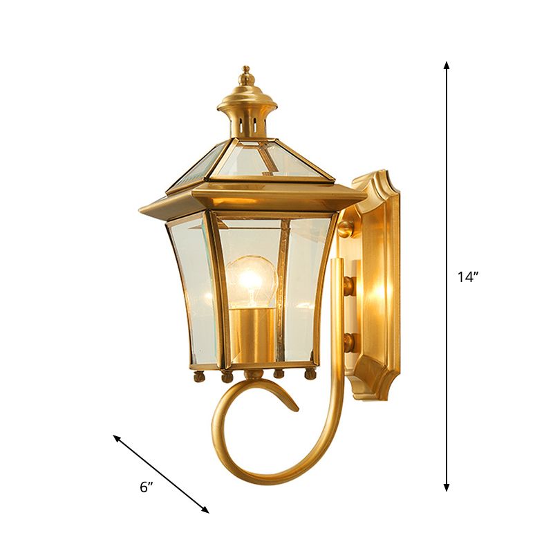 Clear Glass Lantern Wall Light Retro Style 1 Bulb Lodge Wall Lighting Ideas in Brass