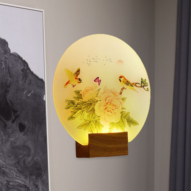 Brown Circular Blossom and Bird Mural Light Asia Style LED Acrylic Wall Mounted Lighting for Bedroom