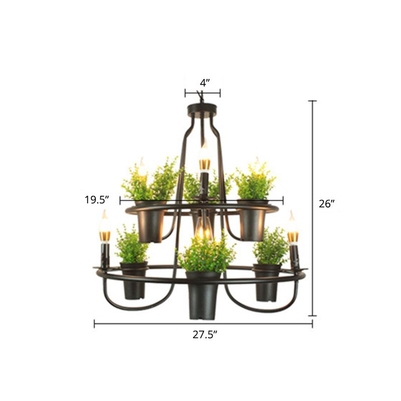 Green Artificial Pot Plant Pendant Lighting Industrial Metal 3 Bulbs Restaurant Chandelier