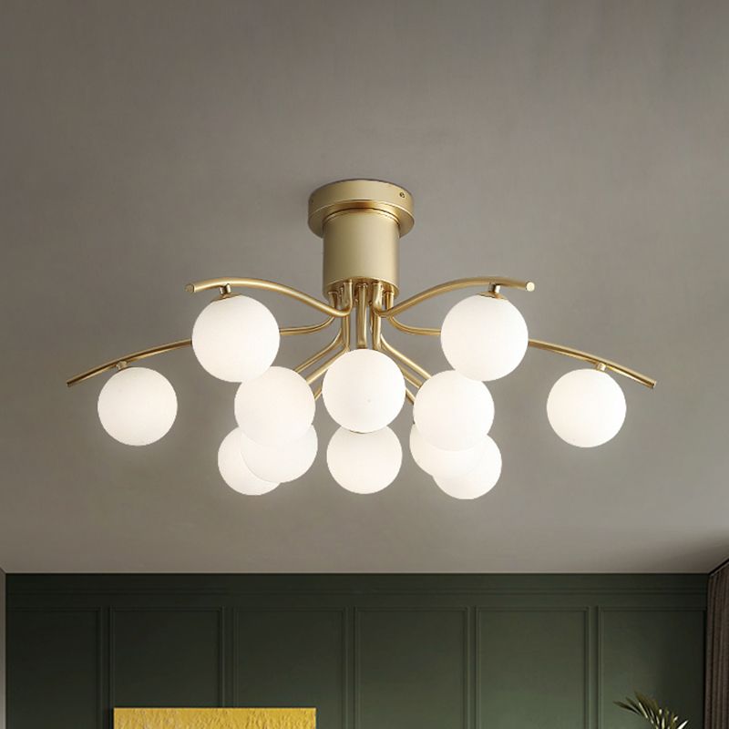 Post-Modern Modo Flush Mount White Glass 12-Head Living Room LED Semi Close to Ceiling Lamp in Brass