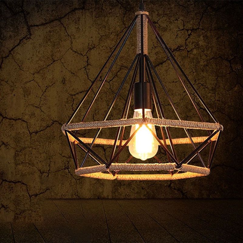 Geometric Rope Pendant Light Fixture Retro-Style Restaurant Pendant Ceiling Light in Beige