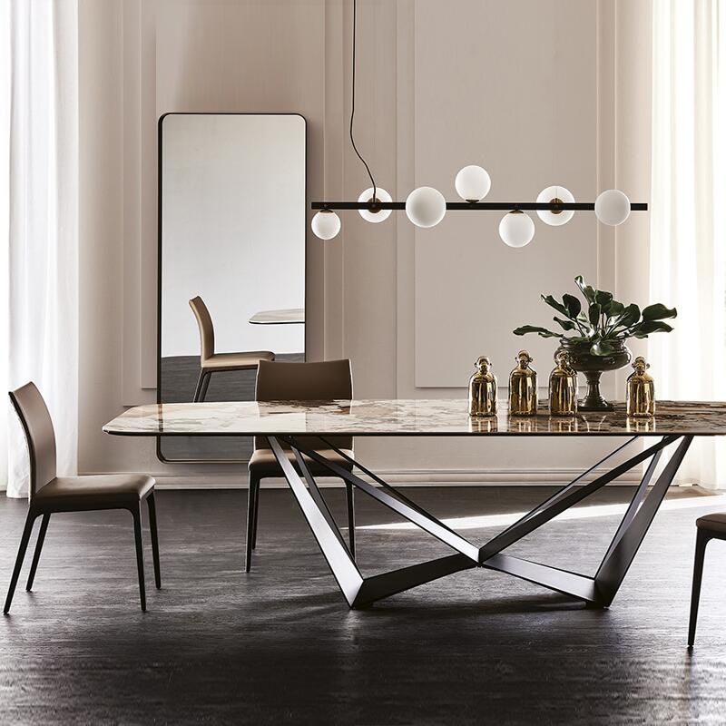 Industrial Sintered Stone Table for Restaurant Rectangle Dining Table with Black Pedestal