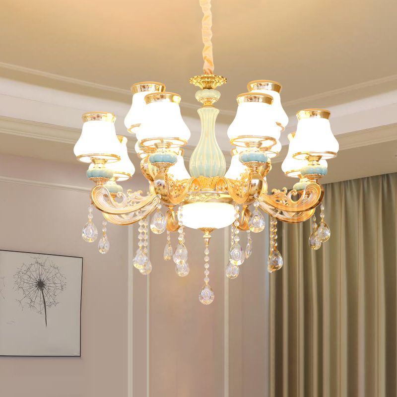 Handblown Glass Gold Chandelier Light Bud Retro Pendant Light Fixture with Crystal Accent