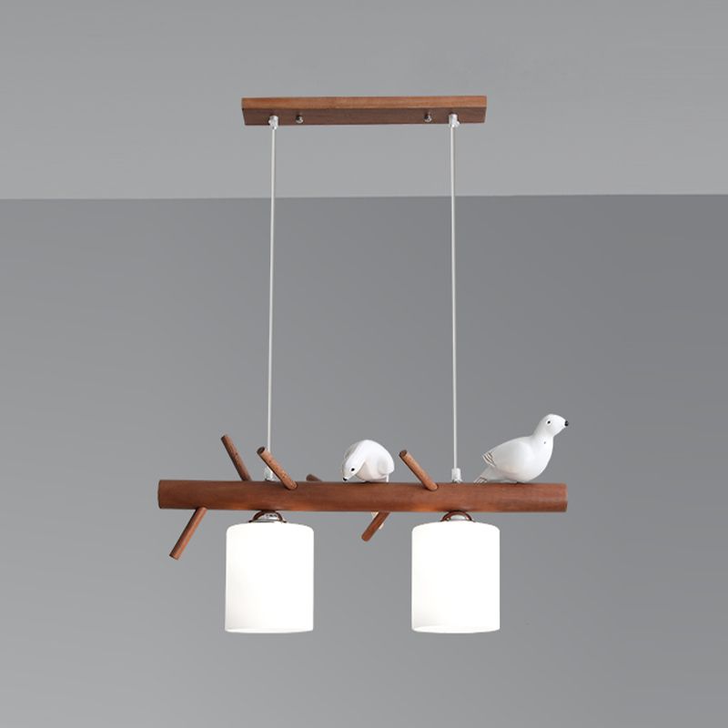 Wood Modern Pendant Light Cylinder Shape Island Light with Glass Shade for Living Room
