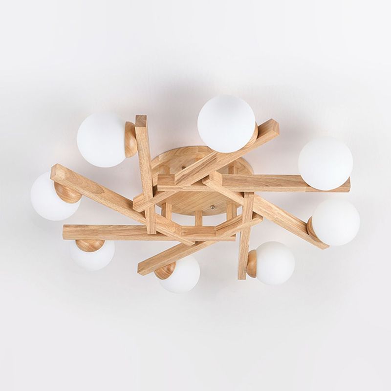 Nordic Flush Mount Globe Ceiling Light Fixture with Wood and Glass for Bedroom