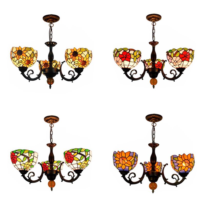 Colorful Bowl Chandelier Light with Flower/Rose/Sunflower/Yellow Flower Pattern Retro Style Stained Glass 3 Bulbs Inverted Chandelier in Brass