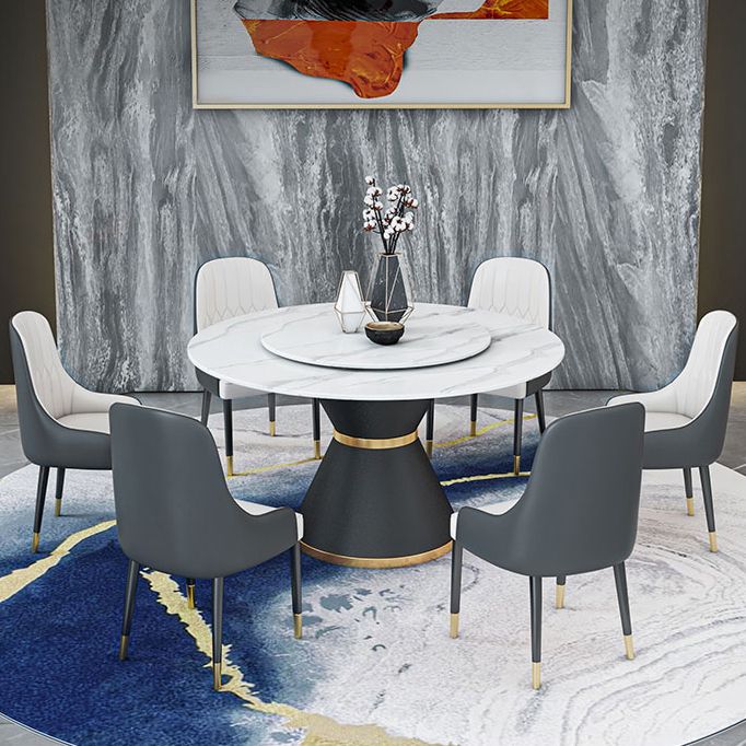 Round Stone Dining Table Black Base Traditional Luxury Dinette Table in White