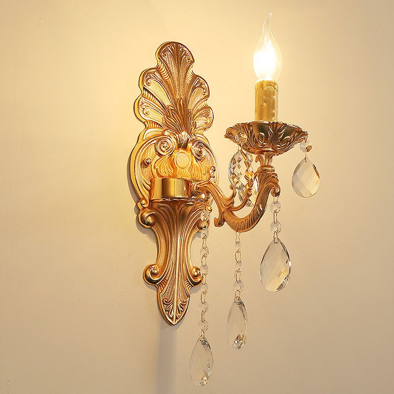 Candelabra Wall Light Fixture Postmodern Metal 1/2 Heads Living Room Sconce Light in Brass with Crystal Drip Accent