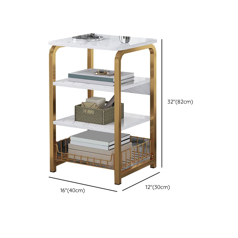 Glam Metal Side Table with Shelves Geometric Stone Top Accent Side Table