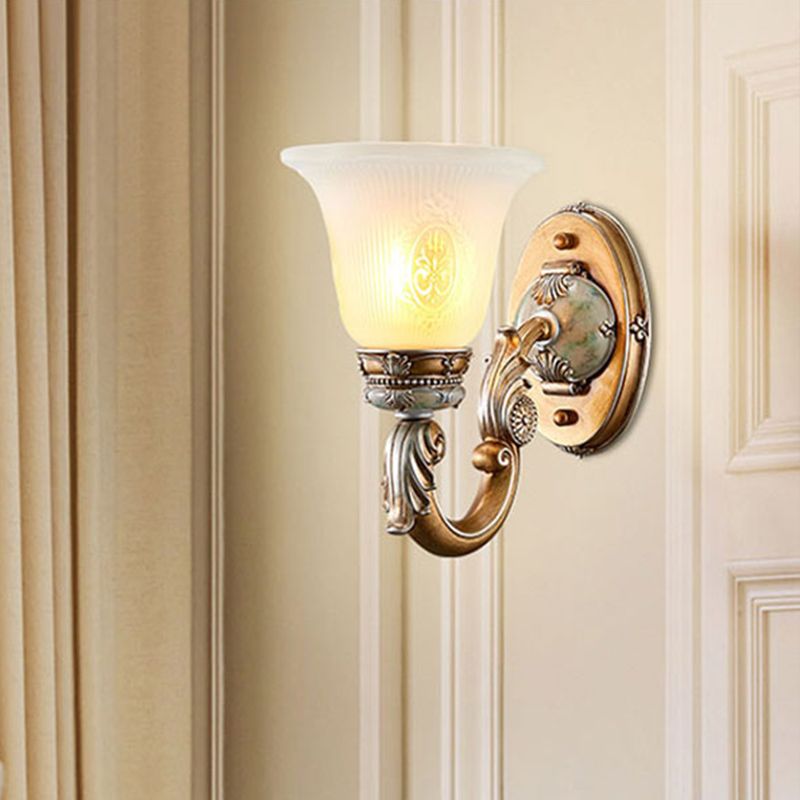 1/2-Head Wall Sconce Traditional Bell Shape Fluted Opal Glass Wall Lighting Idea in Brown