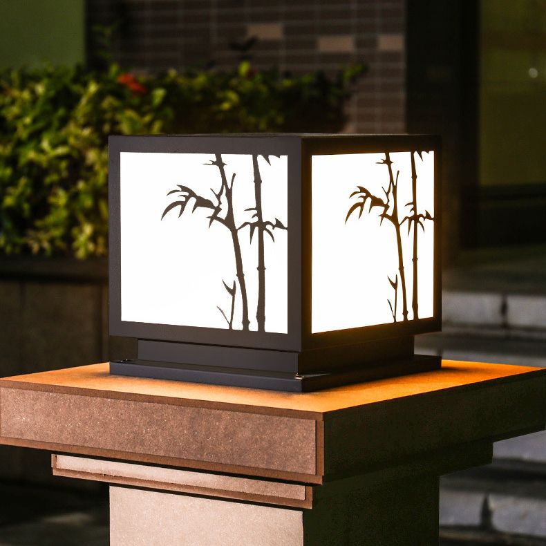 Solar Square Outdoor Lights Black Metal Pillar Lamp with Acrylic Shade for Garden