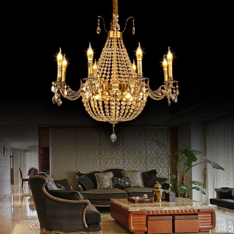 Candelabra Hanging Light Contemporary Metal 2/6/8 Lights Gold Chandelier Light with Crystal Strand, 27"/31" Wide