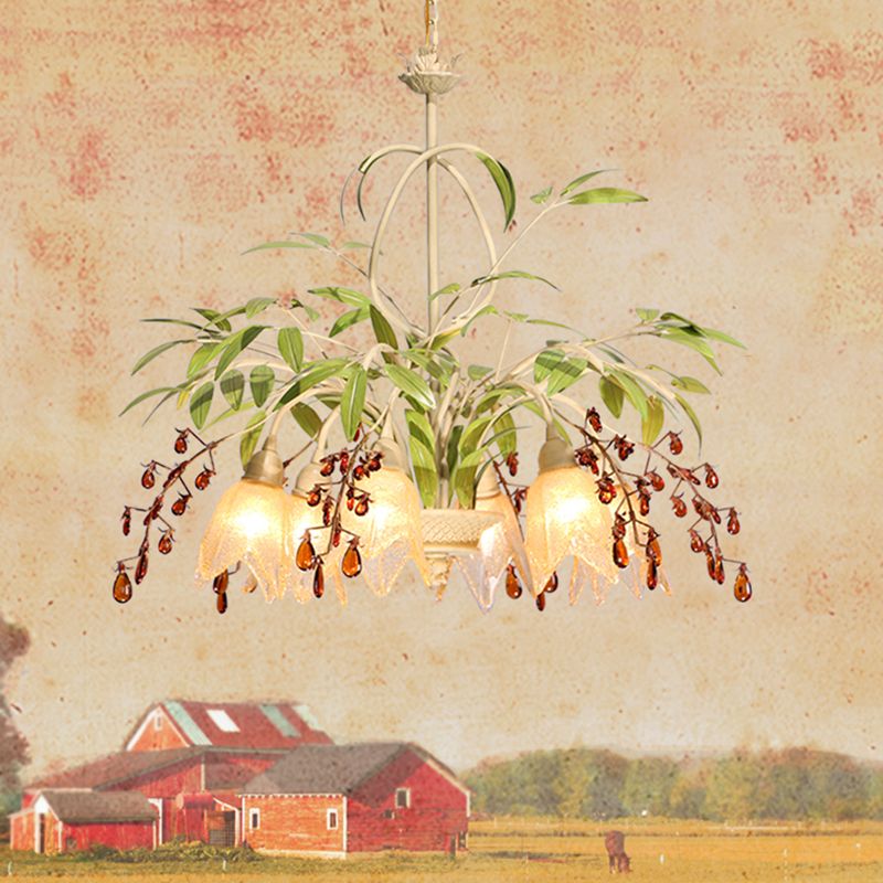 Grüne Blütenkronleuchter Beleuchtung pastoraler Frostglas Wohnzimmer Anhänger Licht mit dekorativem Kristall