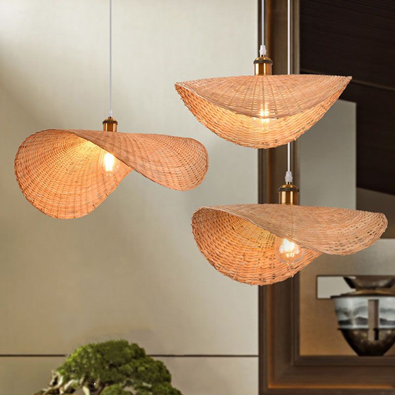 Lotus Leaf Shaped Restaurant Pendant Light Bamboo 1-Light Asian Hanging Lamp Kit in Wood