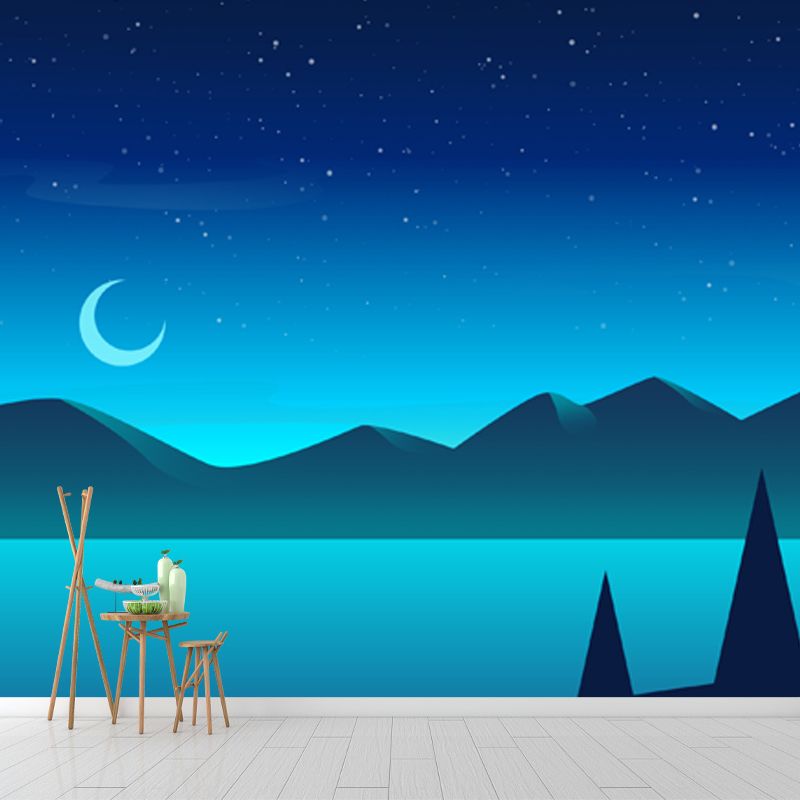 Night Time Mountain River Mural Modern Non-Woven Wall Art in Blue for Living Room