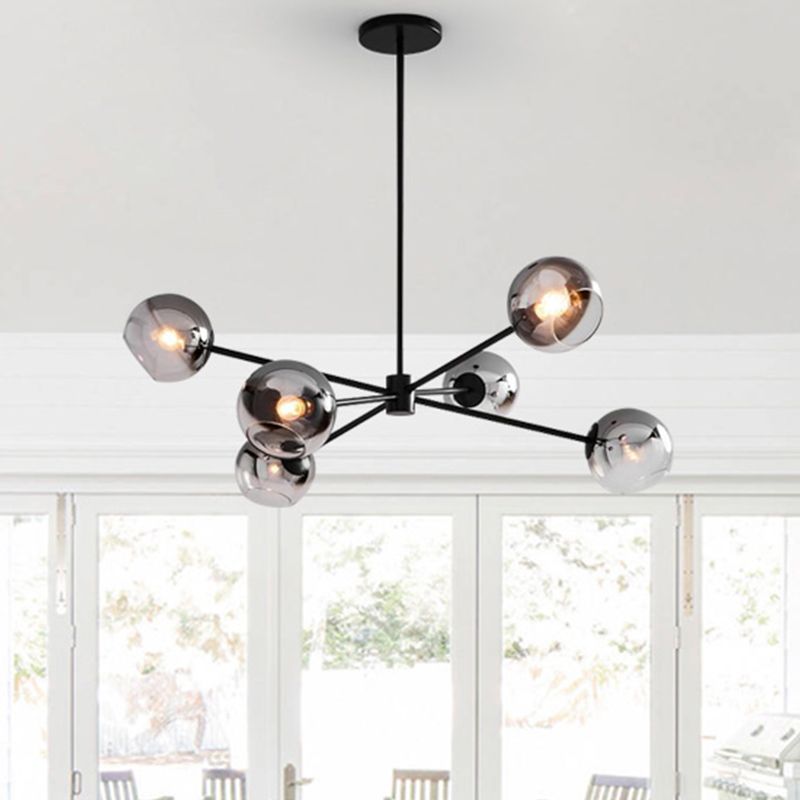 Black Round Hanging Chandelier Modernisme 6 têtes Plafond de pendentif en verre gris avec design étoile