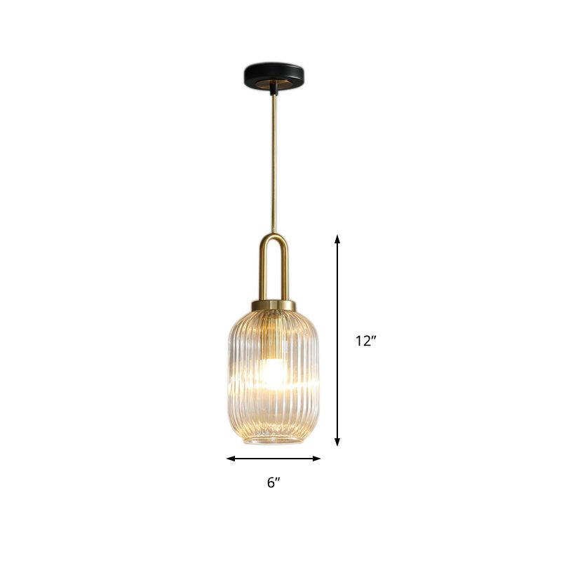 Klarer Rippenglas zylindrisch/trommel/globem Anhänger Modernist 1 Licht 6 "/8"/12 "breite goldene hängende Lampe für die Küche