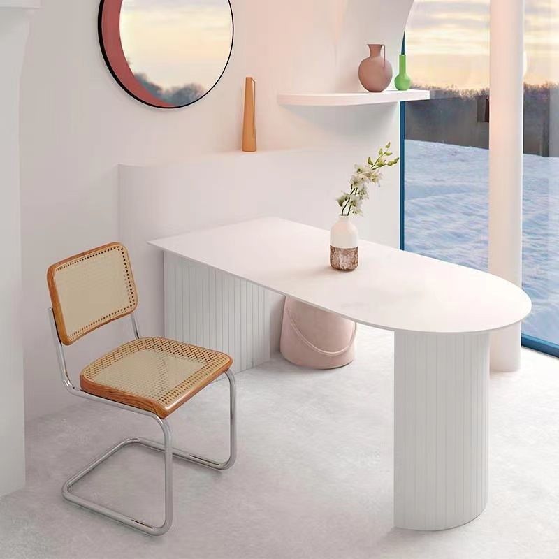 Free Form Sintered Stone Dining Table Modern White Furniture with Wood Double Pedestal
