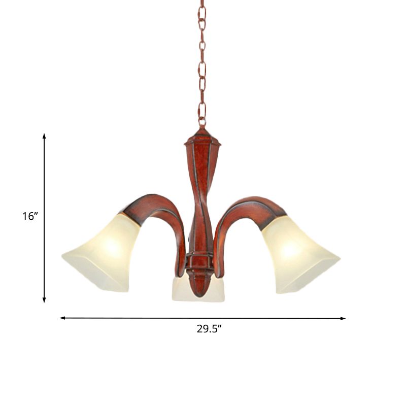 Burgende eetkamerophanging Licht Traditioneel hout 3-licht bruine kroonluchter met vierkante flare melkglaslampschaduw