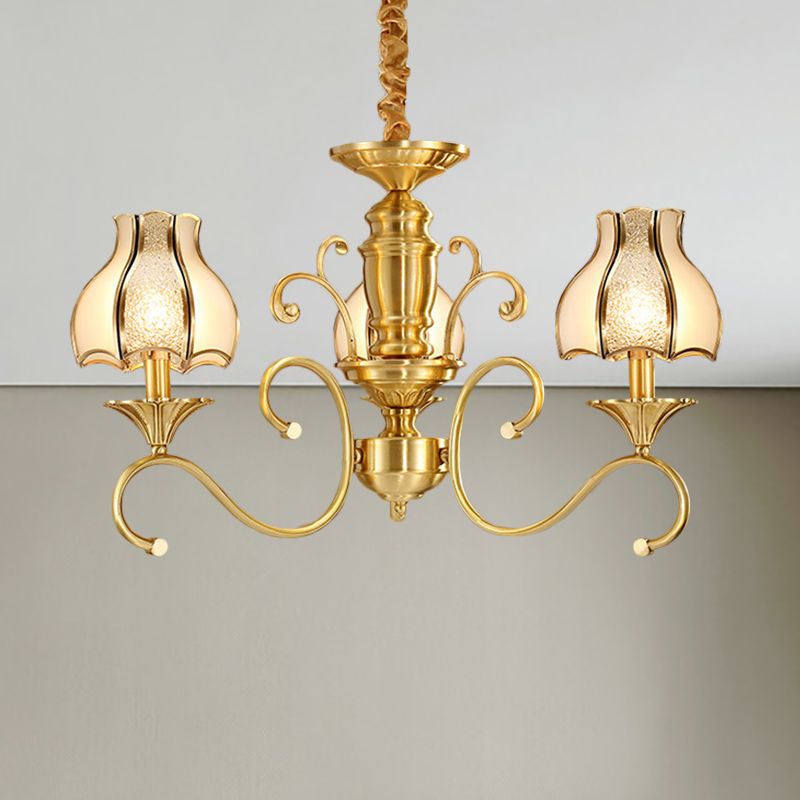 Colonial Swirled Arm Suspended Lighting 3/5/6 Heads Metal Hanging Chandelier in Gold with Frosted and Water Glass Shade