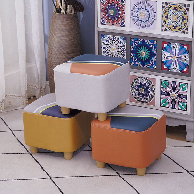 Contemporary Pouf Ottoman Fabric Upholstered Patchwork Solid Wood Frame Square Ottoman